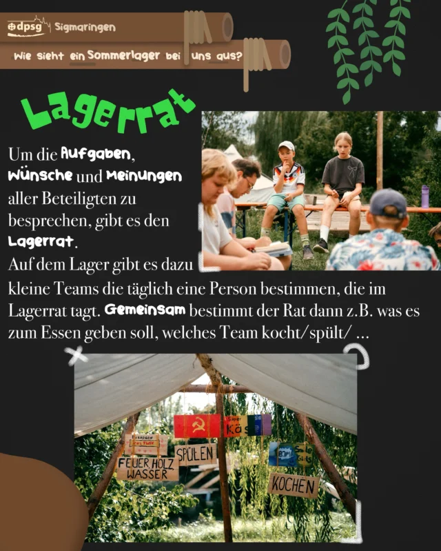 🌿 Wie sieht so ein Sommerlager bei uns aus? 
In dieser kleinen Reihe an Posts stellen wir dir unsere Konzepte, Lagerbauten und Traditionen vor, die auf einem (Sommer-)Lager bei uns gelebt werden 🏕️
Bist du interessiert, auch mal auf einem Lager dabei zu sein? Oder denkst du, das wäre mal etwas für dein Kind? Dann schreib uns doch einfach eine DM per Insta oder komm zu unseren wöchentlichen Gruppenstunden vorbei. 
Diese finden jeden Freitag von 17:30 - 19:00 Uhr statt. Mehr Infos findest du auf unserer Website unter https://dpsg-sigmaringen.de (Link in Bio) 
Wir freuen uns auf dich! 😇
Gut Pfad - die Leiterrunde 🌱